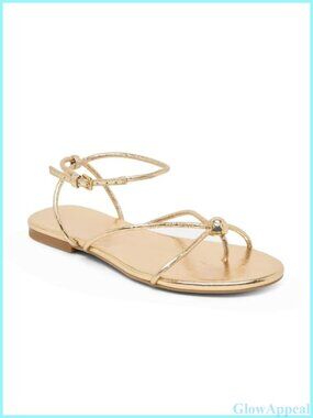 Women's Gold Strappy Flat Sandals Open Round Toe Faux Leather Comfortable
